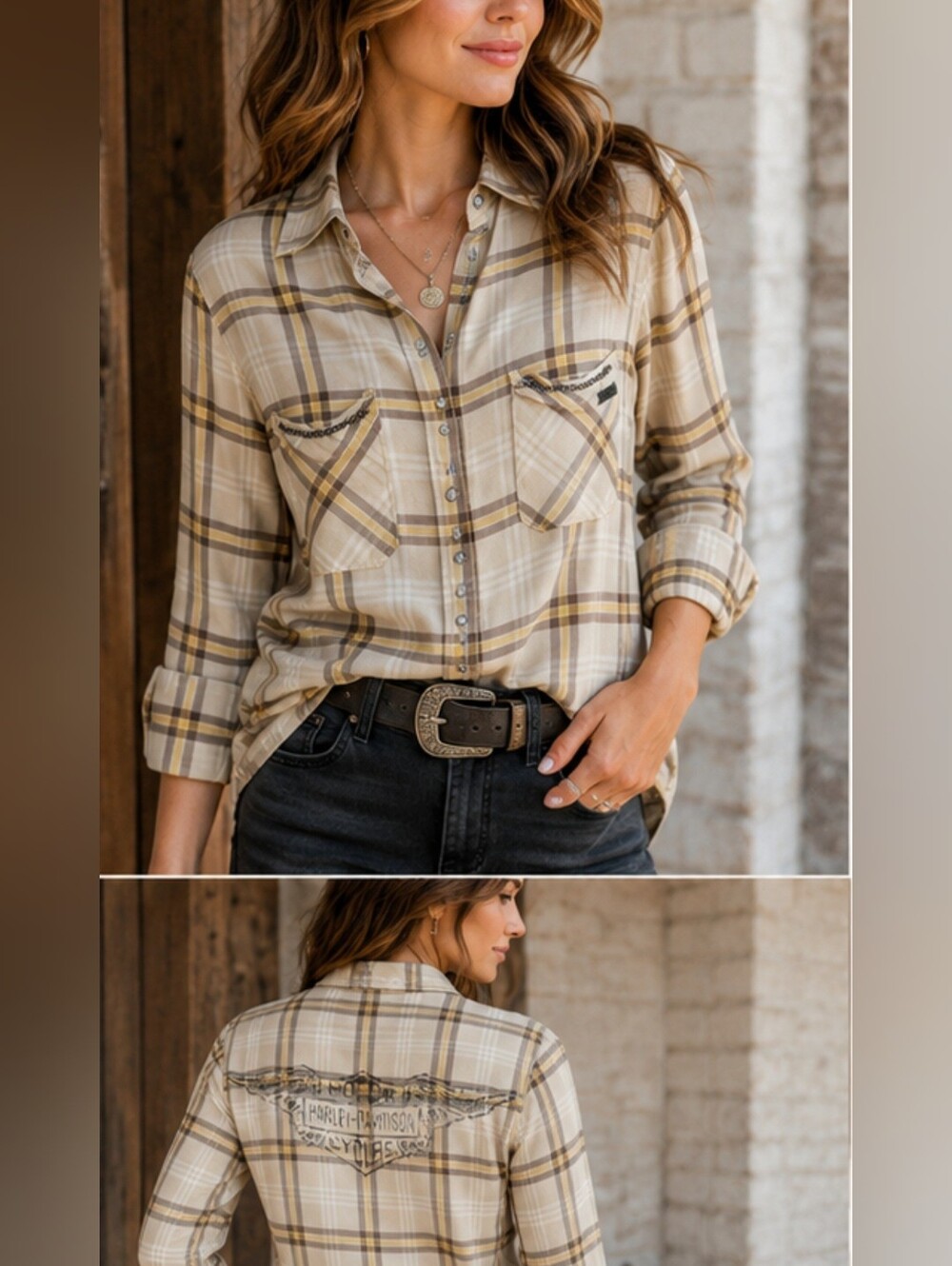 Harley-Davidson Women's Plaid Rayon Snap Button Western Shirt L Back Logo